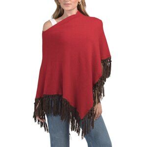 TESMA Rosso Made In Italy Cashmere And Wool Blend Poncho With Suede Fringe